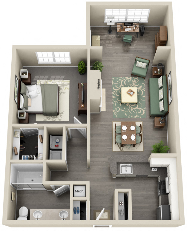 Floor plan for 1 bed, 1 bath, 890 sqft